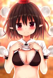  absurdres backlighting black_bra blurry blurry_background blush bra breasts brown_hair clothes_lift collared_shirt commentary_request female hat highres looking_at_viewer medium_breasts navel pointy_ears pom_pom_(clothes) puffy_short_sleeves puffy_sleeves red_eyes shameimaru_aya shirt shirt_lift short_hair short_sleeves smile solo suigetsu_(watermoon-910) tokin_hat touhou underwear white_shirt wing_collar 