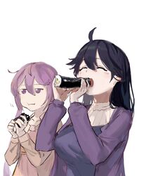  2girls ahoge akebono_(kancolle) bell black_hair brown_coat brown_eyes closed_eyes coat eating ehoumaki flower food had_(had314) hair_bell hair_flower hair_ornament highres jingle_bell kantai_collection long_hair makizushi multiple_girls negative_space official_alternate_costume purple_coat purple_eyes purple_hair side_ponytail simple_background sushi upper_body ushio_(kancolle) very_long_hair white_background 