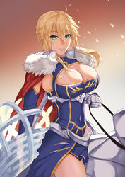  absurdres ahoge artoria_pendragon_(fate) artoria_pendragon_(lancer)_(fate) bare_shoulders blonde_hair blue_gloves blue_leotard braid breasts cape cleavage cleavage_cutout clothing_cutout elbow_gloves fate/grand_order fate_(series) female freed_turing french_braid fur-trimmed_cape fur_trim gloves green_eyes hair_between_eyes highleg highleg_leotard highres horse lance large_breasts leotard long_hair looking_at_viewer polearm red_cape rhongomyniad_(fate) sidelocks sleeveless sleeveless_turtleneck sleeveless_turtleneck_leotard smile solo_focus thighs turtleneck turtleneck_leotard weapon 