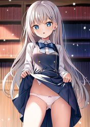  blue_bow blue_bowtie blue_dress blue_eyes bookshelf bow bow_panties bowtie clothes_lift commentary_request dress dress_lift earrings female hair_ornament hairclip highres indoors jewelry lifting_own_clothes light_rays long_hair long_sleeves looking_at_viewer original panties partial_commentary school_uniform shirt single_earring star_(symbol) star_hair_ornament underwear very_long_hair white_hair white_panties white_shirt yan_(nicknikg) 