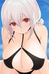  absurdres asamura_hiori azur_lane bare_shoulders bikini black_bikini black_choker blue_sky breasts choker collarbone commentary_request day female hair_between_eyes hanging_breasts highres huge_breasts looking_at_viewer o-ring o-ring_bikini o-ring_top official_alternate_costume outdoors red_eyes sirius_(azur_lane) sirius_(scorching-hot_seirios)_(azur_lane) sitting skindentation sky solo spread_legs swimsuit white_hair 