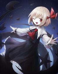  ;d arm_strap ascot black_nails blonde_hair collared_shirt commentary crescent female frilled_shirt_collar frilled_sleeves frills hair_between_eyes hair_ribbon highres long_sleeves looking_at_viewer night night_sky one_eye_closed petticoat puffy_long_sleeves puffy_sleeves red_ascot red_eyes red_ribbon ribbon rumia shirt short_hair skirt skirt_set sky smile solo spark621 star_(sky) star_(symbol) starry_sky touhou white_shirt 