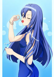  black_dress blue_hair bracelet breasts cherry cup dress female floating_hair food fruit hair_between_eyes highres holding holding_cup jewelry kazanari_tsubasa long_hair miona_yui one_eye_closed pillarboxed purple_eyes senki_zesshou_symphogear sleeveless sleeveless_dress small_breasts solo standing very_long_hair 