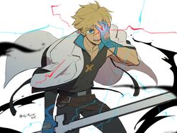  1boy asaya_minoru black_pants black_shirt blonde_hair blue_eyes blue_gloves cape collarbone covering_one_eye dragon_install gloves glowing glowing_eye guilty_gear guilty_gear_strive hair_between_eyes holding holding_sword holding_weapon ky_kiske looking_at_viewer male_focus open_mouth pants partially_fingerless_gloves shirt simple_background solo sword teeth thunderseal twitter_username upper_teeth_only weapon white_background white_cape 