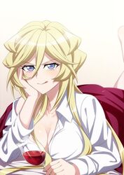  :q aged_up alcohol blonde_hair breasts carol_malus_dienheim cleavage closed_mouth collarbone collared_shirt cup dress_shirt female hair_between_eyes head_tilt highres holding holding_cup leg_up long_hair long_sleeves lying medium_breasts miona_yui mole mole_under_eye multicolored_eyes on_stomach open_clothes open_shirt red_wine senki_zesshou_symphogear shirt simple_background smile solo the_pose tongue tongue_out unbuttoned unbuttoned_shirt under_covers v-shaped_eyebrows very_long_hair white_background white_shirt wine wing_collar 