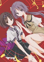  2girls :o black_ribbon black_skirt breasts brown_dress brown_eyes brown_hair commentary_request dress feet_out_of_frame flower hair_flower hair_ornament highres holding_hands light_blush long_hair looking_at_viewer low_twintails multiple_girls musical_note neck_ribbon petticoat purple_eyes purple_hair red_background ribbon shirt short_hair simple_background skirt small_breasts touhou tsukumo_benben tsukumo_yatsuhashi twintails white_flower white_shirt zabuton_(mgdw5574) 