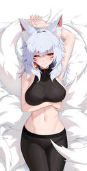  absurdres animal_ear_fluff animal_ears arm_behind_head arm_up armpits bare_arms bare_shoulders black_leggings black_shirt breast_hold breasts bright_pupils choker cleavage crop_top facial_mark female fox_ears fox_girl fox_tail grin highres kitsune large_breasts leggings lessone lying midriff mole mole_under_eye multiple_tails navel nijisanji nijisanji_en nina_kosaka on_back on_bed one_eye_closed red_choker red_eyes ribbon_choker see-through see-through_cleavage shirt sleeveless sleeveless_shirt smile solo stomach tail virtual_youtuber white_hair 