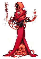  1other black_skin blood colored_skin creature firebay full_body highres hood hood_up magic original red_robe red_skin robe shiny_clothes simple_background solo tentacle white_background 