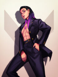  abs belt black_hair black_nails black_suit breasts earclip earrings english_commentary eyeliner female fingernails formal gem gradient_hair hair_slicked_back hand_in_pocket highres jacket jewelry lips long_hair looking_at_viewer makeup medium_breasts multicolored_hair no_bra nose oerba_yun_fang open_clothes open_jacket pant_suit pants purple_eyes purple_hair qtori reyna_(valorant) solo suit toned valorant 