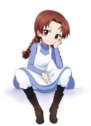  alternate_hairstyle blush braid brown_eyes brown_hair closed_mouth dress female girls_und_panzer highres kadotani_anzu kayabakoro long_hair looking_at_viewer pants pants_under_dress shiny_skin sitting smile solo twin_braids twintails white_pants 