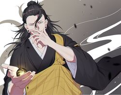  1boy ball black_eyes black_hair black_kimono ear_piercing getou_suguru grey_background hair_bun hair_pulled_back hand_up highres itou_en_(enenito_ju) japanese_clothes jujutsu_kaisen kesa kimono long_hair looking_at_viewer magic male_focus piercing protected_link single_hair_bun smile solo tsurime upper_body white_background wide_sleeves 