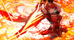  absurdres aegis_sword_(xenoblade) arms_up black_gloves breasts chest_jewel closed_mouth commentary_request earrings female fingerless_gloves fire gloves highres holding holding_sword holding_weapon jewelry large_breasts pyra_(xenoblade) red_eyes red_hair red_shorts red_thighhighs short_hair short_shorts shorts smile solo super_smash_bros. swept_bangs sword tarbo_(exxxpiation) thighhighs tiara weapon xenoblade_chronicles_(series) xenoblade_chronicles_2 