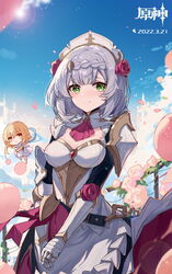  2girls absurdres armor ascot blue_sky blush breasts closed_mouth cowboy_shot dated day dress flower gauntlets genshin_impact green_eyes grey_hair hair_flower hair_ornament highres looking_at_viewer lumine_(genshin_impact) maid medium_breasts medium_hair mini_person minigirl multiple_girls noelle_(genshin_impact) petals pink_flower red_ascot red_flower shoulder_armor sky smile standing v_arms white_dress yajuu 