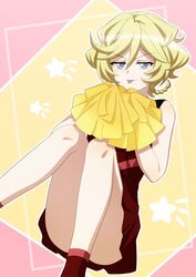  carol_malus_dienheim cheerleader dress female hair_between_eyes medium_hair miona_yui mole mole_under_eye pleated_dress pom_pom_(cheerleading) red_dress senki_zesshou_symphogear short_dress sitting sleeveless sleeveless_dress solo tongue tongue_out v-shaped_eyebrows 