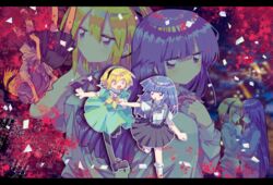  2girls :d absurdres black_hairband black_pantyhose blonde_hair blood blood_stain blue_hair blurry blurry_background brown_eyes closed_eyes closed_mouth collared_shirt colored_eyelashes commentary dress expressionless feet_out_of_frame full_body furude_rika green_dress hair_between_eyes hairband hand_on_own_chest highres higurashi_no_naku_koro_ni holding_hands houjou_satoko letterboxed long_hair long_sleeves multiple_girls multiple_views neckerchief oerba_yun_fang open_mouth outline pantyhose pleated_skirt puffy_short_sleeves puffy_sleeves purple_eyes ribbon sailor_collar sailor_dress school_uniform shirt shoes short_hair short_sleeves sideways_glance skin_fang skirt smile socks spoilers suspender_skirt suspenders usagi_nui white_legwear white_outline white_sailor_collar white_shirt yellow_neckerchief 