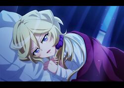  bedroom blonde_hair blue_eyes carol_malus_dienheim curtains female hair_between_eyes hair_ornament hair_scrunchie indoors letterboxed light_particles long_hair long_sleeves looking_at_viewer lying miona_yui mole mole_under_eye on_bed on_side open_mouth pillow pov_across_bed purple_scrunchie scrunchie senki_zesshou_symphogear shirt solo under_covers v-shaped_eyebrows white_shirt 