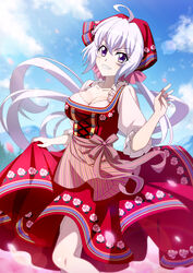  ahoge blue_sky breasts cleavage cloud collarbone day dress female floating_hair floral_print grey_hair grin hair_between_eyes hair_ornament highres lens_flare long_dress long_hair long_sleeves looking_at_viewer low_twintails medium_breasts miona_yui outdoors petals pinafore_dress print_dress purple_eyes red_dress senki_zesshou_symphogear shiny_skin skirt_hold sky sleeveless sleeveless_dress smile solo standing twintails very_long_hair yukine_chris 