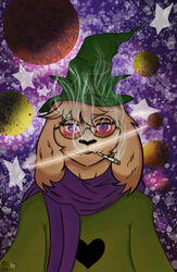  2021 adamayster anthro bloodshot_eyes bovid brown_body brown_fur caprine clothing deltarune drugs eyewear fur glasses glowing goat green_clothing hat headgear headwear hi_res horn male mammal marijuana mario_smoking_weed planet purple_eyes ralsei ralsei_smoking_blunt scarf smoke smoke_from_mouth smoke_from_nose smoking solo star undertale_(series) 