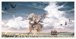  :d animal_ear_fluff animal_ears aqua_hairband arknights bird blonde_hair blue_hairband blush border breasts cloak cloud cloudy_sky crotch_seam earpiece female field flower flower_field fox_ears fox_girl fox_tail gloves green_eyes hair_rings hairband highres holding holding_staff infection_monitor_(arknights) kitsune kyuubi looking_at_viewer material_growth medium_hair multiple_tails no_panties open_mouth oripathy_lesion_(arknights) outdoors panties pantyhose pantyshot ribbon see-through skirt sky small_breasts smile solo staff suzuran_(arknights) tail timitarcat underwear white_border white_pantyhose 