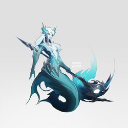  alternate_costume artist_name breasts closed_mouth colored_skin female green_skin grey_background grey_hair highres holding holding_weapon league_of_legends long_hair medium_breasts mermaid monster_girl nami_(league_of_legends) neona_gloom no_pupils simple_background solo staff weapon 