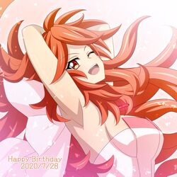  2020 ;d amou_kanade arm_up armpits breasts dated female floating_hair happy_birthday large_breasts leaning_back long_hair miona_yui one_eye_closed open_mouth orange_eyes orange_hair senki_zesshou_symphogear smile solo strapless symphogear_pendant upper_body very_long_hair 