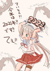  2021 blue_sailor_collar bokukawauso commentary_request female gloves green_eyes grey_hair hat hip_vent kantai_collection long_hair low_twintails mikura_(kancolle) otter pleated_skirt puffy_short_sleeves puffy_sleeves red_skirt sailor_collar sailor_hat sailor_shirt shirt short_sleeves skirt throwing translation_request twintails white_gloves white_shirt wss_(nicoseiga19993411) 