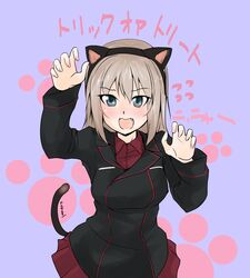  abimaru_gup absurdres animal_ears black_jacket blue_eyes blush cat_ears cat_tail claw_pose commentary cowboy_shot dress_shirt fake_animal_ears fake_tail fangs female flying_sweatdrops frown girls_und_panzer grey_hair halloween highres itsumi_erika jacket kuromorimine_military_uniform long_sleeves looking_at_viewer medium_hair military military_uniform miniskirt open_mouth paw_print pleated_skirt purple_background red_shirt red_skirt shirt skirt solo standing tail translated trick_or_treat twitter_username uniform wing_collar 