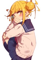  bags_under_eyes black_socks blonde_hair blue_sailor_collar blue_skirt blunt_bangs blush boku_no_hero_academia cardigan double_bun female hair_bun hand_on_own_face highres kneehighs knees_up messy_hair narrowed_eyes neckerchief pleated_skirt rasusurasu red_neckerchief sailor_collar school_uniform serafuku sidelocks simple_background skirt slit_pupils socks solo squatting toga_himiko uniform white_background yellow_cardigan yellow_eyes 