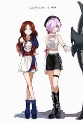  2girls alternate_costume bad_id bad_twitter_id bare_shoulders belt black_footwear black_headwear black_skirt blue_belt blue_dress blue_eyes blue_footwear blue_sleeves boots breasts brown_hair buttons character_name choroi_amachori closed_mouth clothing_cutout collarbone commentary_request detached_sleeves dress earrings english_text fate/grand_order fate_(series) forehead full_body hair_over_one_eye hand_in_own_hair hat highres holding holding_shield holding_weapon idol jewelry leonardo_da_vinci_(fate) leonardo_da_vinci_(rider)_(fate) light_purple_hair long_hair looking_away looking_to_the_side mash_kyrielight medium_breasts midriff multicolored_clothes multicolored_dress multiple_girls one_eye_covered purple_eyes red_dress red_ribbon ribbon shield shirt short_hair skirt sleeveless smile teeth weapon white_dress white_shirt white_sleeves 