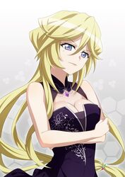  aged_up blonde_hair blue_eyes breasts carol_malus_dienheim cleavage closed_mouth crossed_arms dress female floating_hair gradient_background grey_background hair_between_eyes highres jewelry long_hair medium_breasts miona_yui mole mole_under_eye multicolored_eyes pendant purple_dress senki_zesshou_symphogear sleeveless sleeveless_dress solo upper_body very_long_hair white_background 