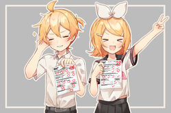  &gt;_&lt; 1boy academic_test arm_up belt black_sailor_collar black_skirt blonde_hair bow bow_hairband closed_eyes collared_shirt commentary dress_shirt female framed_image grey_background grin hair_ornament hairband hairbow hairclip hand_in_own_hair highres holding holding_paper kagamine_len kagamine_rin neckerchief open_mouth outstretched_arm paper pink_neckerchief pleated_skirt sailor_collar sazanami_(ripple1996) school_uniform score_(vocaloid) shirt short_hair short_ponytail short_sleeves skirt smile smug sparkle spiked_hair swept_bangs test_score upper_body v v-shaped_eyebrows vocaloid white_bow white_shirt 