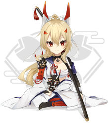  absurdres alternate_costume armor ayanami_(azur_lane) azur_lane black_choker black_gloves blonde_hair bridal_gauntlets choker ebichiri_sunday female gloves headgear highres japanese_armor japanese_clothes kimono long_hair mask oni_mask ponytail red_eyes sakura_empire_(emblem) sarashi sheath sheathed simple_background sitting solo white_background white_kimono 