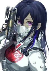  apex_legends arm_up b3_wingman black_hair black_nails bodysuit closed_mouth commentary cosplay covered_mouth english_commentary female gun hand_up handgun highres hisui_ill holding holding_gun holding_weapon ichinose_uruha long_hair looking_at_viewer lupinus_virtual_games mask multicolored_hair purple_eyes quarantine_722_wraith simple_background solo streaked_hair upper_body virtual_youtuber vspo! weapon white_background white_bodysuit wraith_(apex_legends) wraith_(apex_legends)_(cosplay) 