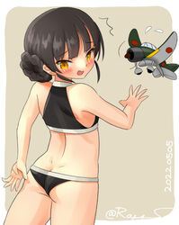  ^^^ aircraft airplane ass bikini black_bikini black_hair blunt_bangs braid brown_eyes butt_crack cowboy_shot double_bun female hair_bun kantai_collection long_hair one-hour_drawing_challenge ray.s solo standing swimsuit twin_braids un&#039;you_(kancolle) yawata_maru_(kancolle) 