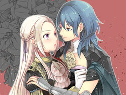  2girls anzk232 armor blue_eyes blue_hair braid byleth_(female)_(fire_emblem) byleth_(fire_emblem) cape choker closed_mouth commentary_request edelgard_von_hresvelg eye_contact fire_emblem fire_emblem:_three_houses french_braid garreg_mach_monastery_uniform gloves grey_cape hair_ribbon long_hair looking_at_another multiple_girls open_mouth purple_eyes purple_ribbon ribbon shoulder_armor smile upper_body very_long_hair white_choker white_gloves white_hair yuri 