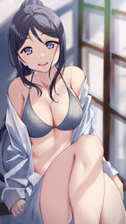  :d absurdres bare_shoulders bikini blue_hair breasts cleavage commentary dress_shirt female grey_bikini highres indoors knee_up large_breasts long_hair long_sleeves looking_at_viewer love_live! love_live!_sunshine!! matsuura_kanan off_shoulder open_clothes open_mouth open_shirt ponytail purple_eyes shirt sidelocks sitting smile solo swimsuit teeth thighs upper_teeth_only white_shirt yamaori_(yamaorimon) 