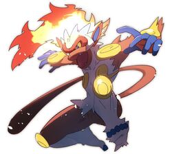  blue_eyes blurry colored_sclera commentary fangs fire infernape looking_down morio_(poke_orio) open_mouth pokemon pokemon_(creature) solo tongue white_background yellow_sclera 