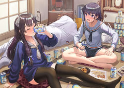  1boy 3girls admiral_(kancolle) alcohol asymmetrical_hair bare_legs barefoot black_hair black_neckwear black_shorts black_thighhighs blue_sailor_collar blue_serafuku blush bokukawauso brown_eyes can cellphone chopsticks closed_eyes collarbone cushion drinking drunk ehoumaki electric_plug electrical_outlet fairy_(kancolle) food fried_food hayasui_(kancolle) heater holding holding_can i-14_(kancolle) i-47_(kancolle) indoors kantai_collection kerosene_heater long_hair long_sleeves low-tied_long_hair makizushi military military_uniform multiple_girls naval_uniform neckerchief pants phone sailor_collar school_uniform serafuku short_hair shorts sidelocks sitting smartphone sushi t-head_admiral tantaka tatami thighhighs toes uniform white_neckerchief white_pants white_sailor_collar zabuton 