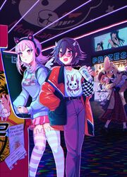  2boys :d :o alternate_costume animal_ear_headphones animal_ear_legwear animal_ears animal_print arcade arcade_cabinet artist_name backpack bag black_choker black_hair black_jacket bow breasts brown_coat cat_ear_headphones cele_(310v3) character_doll character_print checkered_clothes checkered_jacket choker coat commentary cup danganronpa:_trigger_happy_havoc danganronpa_(series) danganronpa_2:_goodbye_despair danganronpa_v3:_killing_harmony disposable_cup drinking_straw english_commentary english_text fake_animal_ears fake_wings feet_out_of_frame female flipped_hair fujisaki_chihiro galaga hair_between_eyes harukawa_maki headphones highres holding holding_cup hood hood_down hoodie horns ishimaru_kiyotaka jacket knees_together_feet_apart leaning_back long_skirt long_sleeves maizono_sayaka medium_breasts medium_hair miniskirt momota_kaito monokuma monomi_(danganronpa) multicolored_clothes multicolored_jacket multiple_boys nanami_chiaki oerba_yun_fang oma_kokichi open_clothes open_jacket open_mouth otoko_no_ko owada_mondo pants pink_eyes pink_hair pink_legwear pink_pants pink_skirt plaid plaid_skirt playing_games pompadour rabbit_print red_jacket saihara_shuichi shirogane_tsumugi shirt shirt_tucked_in short_hair skirt smile standing striped_clothes striped_thighhighs stuffed_animal stuffed_squirrel stuffed_toy sunglasses teddy_bear teeth thighhighs usami_(danganronpa) wings yonaga_angie 