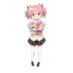  black_skirt blouse bouquet brown_footwear closed_mouth commentary dot_nose eyes_visible_through_hair female flower full_body hair_between_eyes hair_ribbon happy high_collar highres holding holding_bouquet jewelry kaname_madoka legs_apart light_blush loafers looking_at_viewer mahou_shoujo_madoka_magica mahou_shoujo_madoka_magica_(anime) mitakihara_school_uniform official_art pink_eyes pink_flower pink_hair pink_ribbon plaid plaid_skirt pleated_skirt red_ribbon ribbon ring school_uniform shirt shoes simple_background skirt smile solo symbol-only_commentary taniguchi_jun&#039;ichirou tareme thighhighs twintails white_background white_flower white_shirt white_thighhighs zettai_ryouiki 