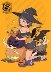  aka_ringo basket bat_wings black_footwear black_hair black_hat black_skirt candle candy collarbone female food full_body green_eyes halloween halloween_costume hat highres holding holding_candy holding_food jack-o&#039;-lantern kantai_collection mary_janes oerba_yun_fang open_mouth orange_background scirocco_(kancolle) shoes short_hair skirt smile solo tombstone turret wings witch_hat 