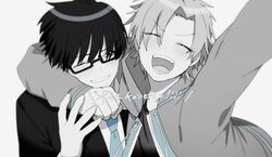  2boys ^_^ arm_around_neck blue_necktie clenched_hand closed_eyes eden_(vtuber) formal gamewith glasses hood hoodie indie_virtual_youtuber male_focus monochrome multiple_boys necktie oerba_yun_fang one_eye_closed open_mouth parted_bangs shirasu_uni smile spot_color suit trulysquid virtual_youtuber 