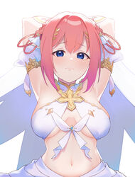  armpits arms_up bare_shoulders blue_eyes blush braid braided_hair_rings breasts cleavage closed_mouth covered_nipples criss-cross_halter detached_sleeves female frown gauntlets hair_ribbon hair_rings halterneck highres large_breasts looking_at_viewer navel pink_hair presenting_armpit princess_connect! ribbon shimon_(31426784) short_hair solo twin_braids underboob upper_body yui_(ceremonial)_(princess_connect!) yui_(princess_connect!) 