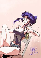  black_camisole camisole can chromatic_aberration dated female grey_shorts highres holding holding_can katsuragi_misato knee_up long_hair murimajimuri neon_genesis_evangelion one_eye_closed open_mouth parted_bangs purple_hair shorts sitting sleeveless smile solo 