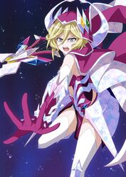  blonde_hair blue_eyes cape carol_malus_dienheim detached_sleeves female gloves highres holding holding_weapon leg_up miona_yui mole mole_under_eye multicolored_eyes open_mouth purple_cape purple_gloves senki_zesshou_symphogear short_hair thighhighs v-shaped_eyebrows weapon white_legwear white_sleeves 