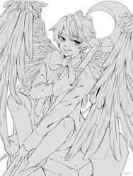  1boy bad_id bad_twitter_id boso_boso0 bow eyelashes feathered_wings feathers greyscale highres holding holding_staff knees_up loki_(matantei_loki_ragnarok) male_focus matantei_loki_ragnarok monochrome short_hair sitting smile solo staff wings 