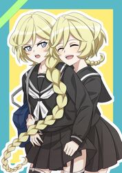  2girls :d arms_around_waist bag black_sailor_collar black_serafuku black_shirt black_skirt blonde_hair blue_border border braid braided_ponytail carol_malus_dienheim closed_eyes collarbone collared_shirt elfnein floating_hair garter_straps hug hug_from_behind long_hair long_sleeves miniskirt miona_yui mole mole_under_eye multiple_girls neckerchief open_mouth pleated_skirt sailor_collar sailor_shirt school_bag school_uniform senki_zesshou_symphogear serafuku shirt single_braid skirt smile thighhighs v-shaped_eyebrows very_long_hair white_neckerchief zettai_ryouiki 