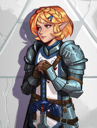  against_wall alternate_universe armor belt blonde_hair braid brown_gloves chainmail commentary crown_braid english_commentary faulds female fingerless_gloves full_armor gauntlets gloves green_eyes hair_ornament hairclip highres lips master_sword nose pauldrons planted planted_sword plate_armor pointy_ears princess_zelda qtori short_hair shoulder_armor solo stone_wall sword tabard the_legend_of_zelda the_legend_of_zelda:_tears_of_the_kingdom thick_eyebrows wall weapon white_tabard 