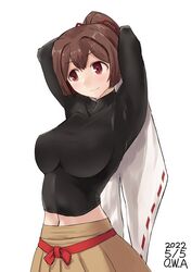  artist_name black_shirt brown_eyes brown_hair brown_hakama commentary_request covered_nipples dated female hair_ribbon hakama highres ise_(kancolle) ise_kai_ni_(kancolle) japanese_clothes kantai_collection looking_to_the_side navel one-hour_drawing_challenge owa_(ishtail) ponytail ribbon shirt short_hair simple_background solo undershirt unworn_shirt upper_body white_background 