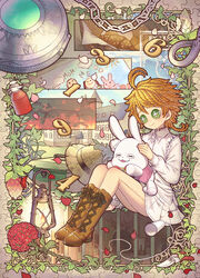  ahoge bare_legs bars basket bird black_ribbon blush boots bottle bow bowtie bread brown_background brown_footwear building button_eyes buttons chains closed_eyes closed_mouth commentary_request crayon_drawing croissant emma_(yakusoku_no_neverland) english_text female fire flower food full_body green_eyes hat hat_ribbon highres holding holding_stuffed_toy identity_v jewelry kamui_natsuki knife lantern light_smile long_sleeves looking_down neck_tattoo necklace number_tattoo official_art open_mouth orange_hair outdoors owl petals pink_bow pink_bowtie pink_shirt plant prison prison_cell red_flower ribbon shirt short_hair skirt smile solo spray_bottle stitches string_phone stuffed_animal stuffed_rabbit stuffed_toy sun_hat table tattoo toolbox vines white_shirt white_skirt yakusoku_no_neverland yarn 